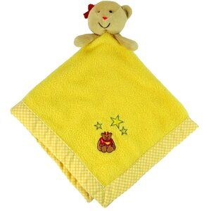 Vintage Lovey Baby Blanket with Plush Bear Head Yellow Fleece